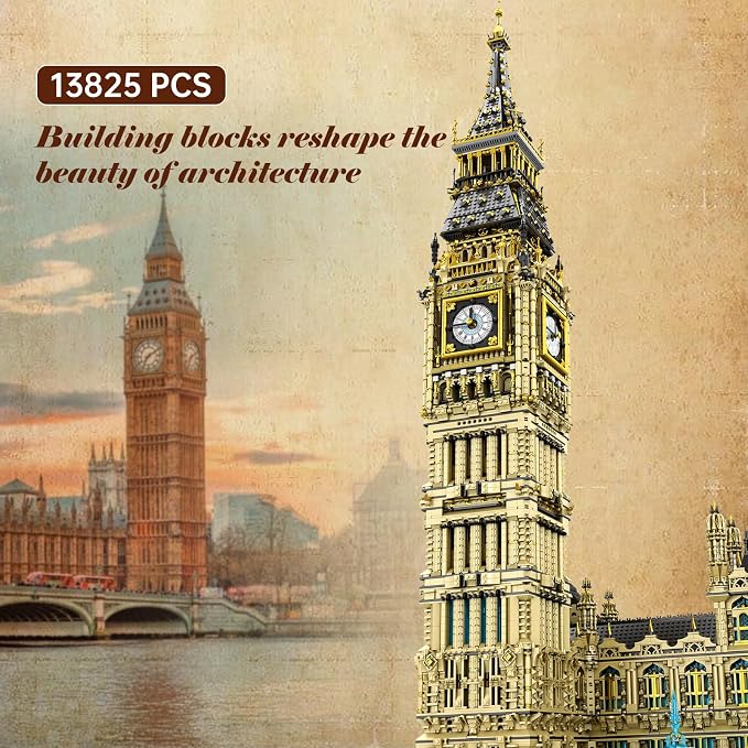 Reobrix Big Ben Architecture Building Set 1.39M Large Landmark Tower | 13825 Pcs Large Building Block Kit with Realistic Clock for Adults, London Clock..